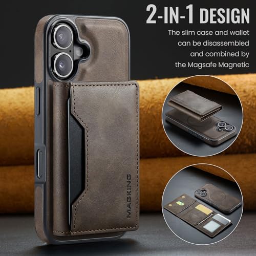 K2 2 in 1 Detachable Magnetic Phone Cases Compatible with iPhone 17 Case with Card Holder RFID Blocking, Compatible with Magsafe Wallet, Leather 6.3'' (Coffee, iPhone 17) - color: Coffee, size: iPhone 17