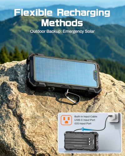 GOODaaa Solar Power Bank 24000mAh, Portable Charger with 4 Built-in Cables - color: Deep Black
