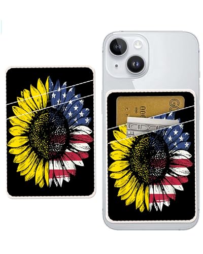 Dual Pocket Leather Phone Wallet Adhesive Stick On, Cute Card Holder, Credit Card Holder for Case, Sunflower American Flag - color: Sunflower American Flag