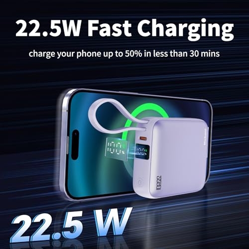 10000mAh Small Portable Charger with Built in Cables LED Display Purple - color: Purple