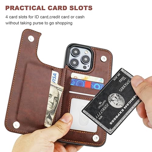 ONETOP for iPhone 15 Pro Max Wallet Case with Credit Card Holder,Brown | Kickstand,ID/Cash Holder,Case Wallet with Card Slots,Double Magnetic Clasp,Durable PU Leather Shockproof Cover for Women Men - color: Brown