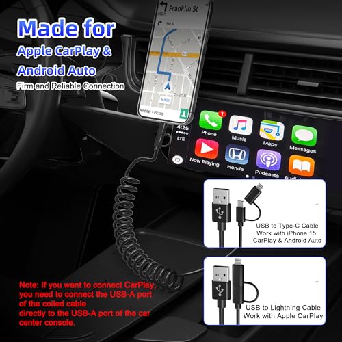 USB to USB-C and Lightning Cable Combo 2 in 1 Coiled Cable Support Apple Carplay & Android Auto [MFi & 3A Fast Charge & Data Sync] Coiled Lightning and USB C Cable for iPhone 17/16/15/14/13/12/Android - color: Black