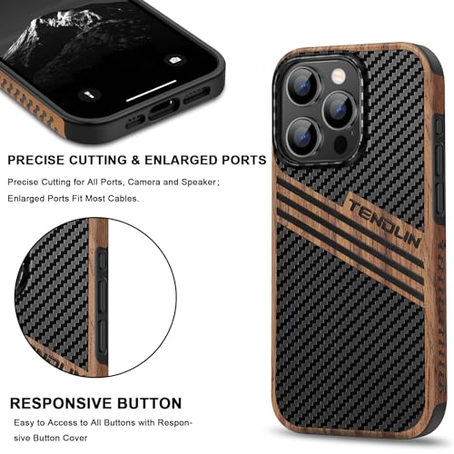 TENDLIN Compatible with iPhone 15 Pro Case Wood Grain with Carbon Fiber Texture Design Leather Hybrid Slim Case (Three Stripe) - color: Three Stripe, size: iPhone 15 Pro