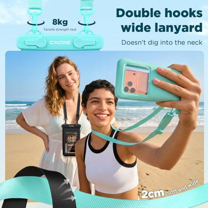 CACOE Floatable Waterproof Phone Pouch 2 Pack Up to 9.0", Black+Green | Floatable, IPX8 Waterproof Phone Case,Adjustable Lanyard,Dry Bags for Beach/Cruise/Travel/Camping/Kayak/Vacation Essentials - color: Black+Green#1, size: Up to 9.0"-Floatable