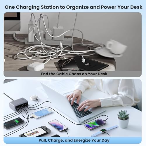 345W USB C Charger 10 in 1 Retractable Wall Charger with 2 Cables,GaN 6 USB C Charging Station Phone Charging PD Laptop Charger Adapter for MacBook Pro/Air,DELL,iPhone17/16/15,Galaxy S24,Android etc - color: Sliver, size: 345W