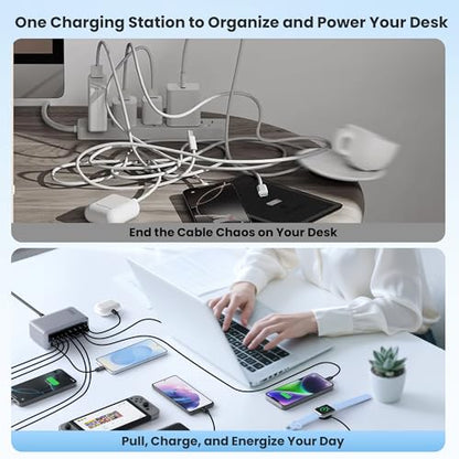 345W USB C Charger 10 in 1 Retractable Wall Charger with 2 Cables,GaN 6 USB C Charging Station Phone Charging PD Laptop Charger Adapter for MacBook Pro/Air,DELL,iPhone17/16/15,Galaxy S24,Android etc - color: Sliver, size: 345W