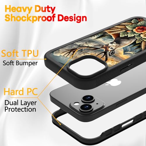 Compatible with iPhone 14 / iPhone 13 Case – Rugged Full-Body Protective Cover for Women Men Dual Layer Shockproof Bumper, Heavy-Duty Phone Case - Deer Flower Mountain 115 - color: Deer Flower Mountain 115