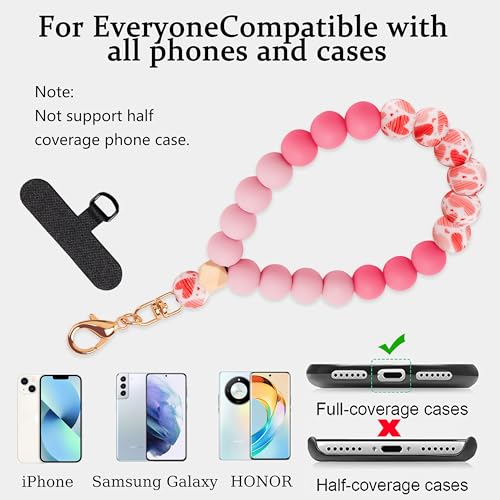 Silicone Beaded Phone Wrist Strap for Women, Elastic Wristlet - color: Pink Heart