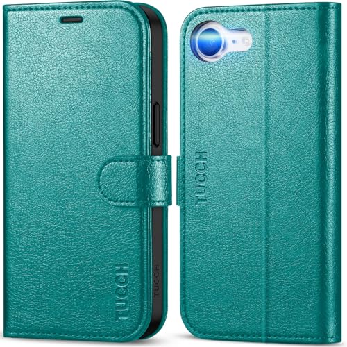 TUCCH Wallet Case for iPhone 17e/iPhone 16e (6.1"), 4 Card Slots, Cyan | RFID Blocking, Viewing Stand, Shockproof TPU Shell, PU Leather, Magnetic Closure, Protective Folio Flip Cover - color: Textured Cyan