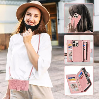 Asuwish Phone Case for iPhone 16 Pro 6.3 inch Zipper Wallet Magnetic Detachable Cell Cover with Tempered Glass Screen Protector Crossbody Strap Flower Card Holder i Phone16 i16 16Pro Women Rose Gold - color: Rose Gold