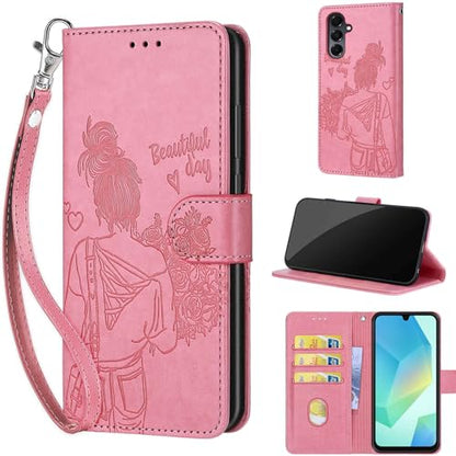 Wallet Case for Samsung Galaxy A16 5G, Pink Girl | Women Flip Folio Cover, Embossed PU Leather, Stand, Credit Card Holders Slots, Wrist Strap - color: 9