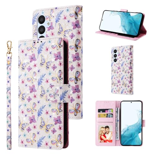 UEEBAI Wallet Case for Samsung Galaxy S23 5G, PU Leather Phone Case Kickstand RFID Blocking Flip Case Card Slots Wrist Strap Relief Engraved Pattern Magnetic Closure Flower Folio Case, Butterfly - color: Butterfly, size: Samsung Galaxy S23 5G