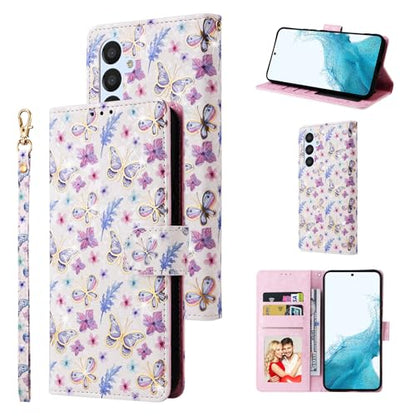 UEEBAI Wallet Case for Samsung Galaxy S23 5G, PU Leather Phone Case Kickstand RFID Blocking Flip Case Card Slots Wrist Strap Relief Engraved Pattern Magnetic Closure Flower Folio Case, Butterfly - color: Butterfly, size: Samsung Galaxy S23 5G