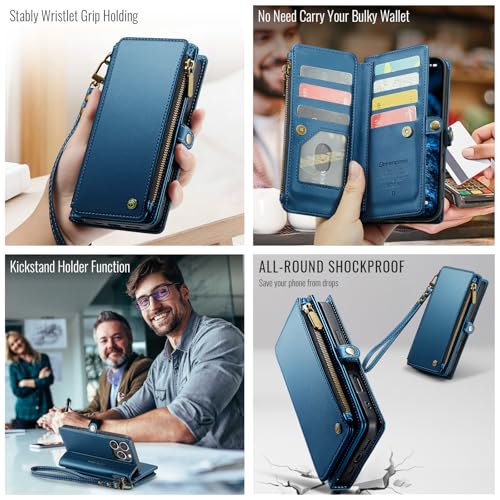 Defencase for iPhone 16 Pro Max Wallet Case with RFID Card Holder, DarkBlue | Durable Soft PU Leather, with Zipper Pocket, Wrist Strap, Fashion Snap Flip Phone Cases Cover with Stand for Women and Men - color: Dark Blue