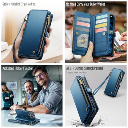 Defencase for iPhone 16 Pro Max Wallet Case with RFID Card Holder, DarkBlue | Durable Soft PU Leather, with Zipper Pocket, Wrist Strap, Fashion Snap Flip Phone Cases Cover with Stand for Women and Men - color: Dark Blue