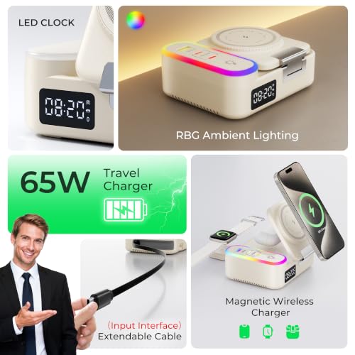 8-in-1 Foldable Wireless Charging Station for Apple Devices with Clock, 65W - color: Beige