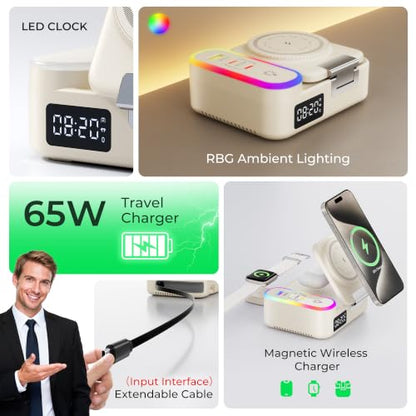 8-in-1 Foldable Wireless Charging Station for Apple Devices with Clock, 65W - color: Beige