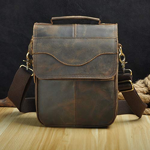 Le'aokuu Mens Genuine Leather Small Messenger Shoulder Satchel Phone Pouch Belt Waist Bag Pack - color: V 144 Dark Brown