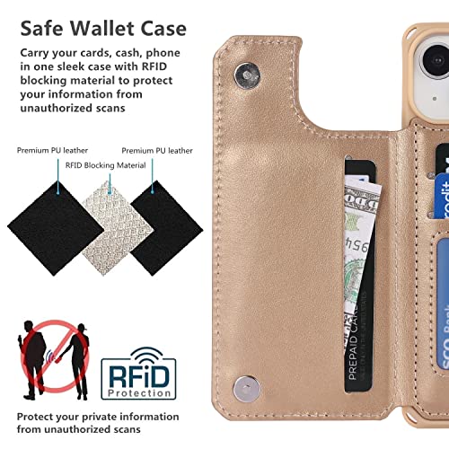 iCoverCase Compatible with iPhone 14 Wallet Phone Case with Card Holder for Women, RFID Blocking Embossed PU Leather Wrist Strap Case 6.1 Inch (Heart Gold) - color: H-Gold