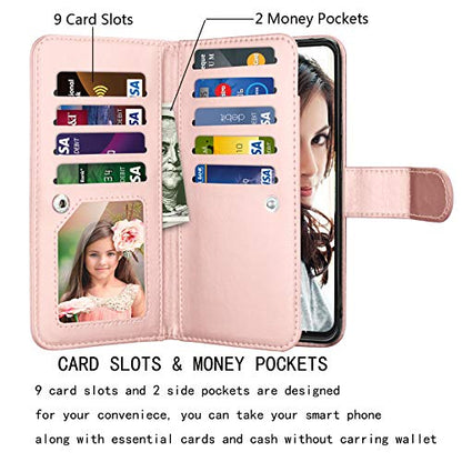 Njjex Wallet Case for Samsung Galaxy S21 5G, For Galaxy S21 Case, [9 Card Slots] PU Leather ID Credit Holder Folio Flip [Detachable] Kickstand Magnetic Phone Cover & Lanyard for Samsung S21 [RoseGold] - color: Rose Gold