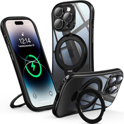 Reukdnv 360° Spin Magnetic Stand for iPhone 14 Pro Max Case [Full Camera Protection] [Fit for MagSafe] [Anti-Yellowing] Shockproof Protective Kickstand Plating TPU Cover for 14 Pro Max 6.7", Black - color: Black, size: iPhone 14 Pro Max