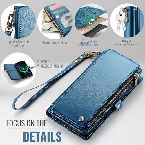 Defencase for iPhone 16 Pro Max Wallet Case with RFID Card Holder, DarkBlue | Durable Soft PU Leather, with Zipper Pocket, Wrist Strap, Fashion Snap Flip Phone Cases Cover with Stand for Women and Men - color: Dark Blue