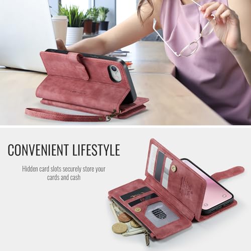 Compatible with iPhone 16e/17e Wallet Case,with Card Holder Kickstand Magnetic Zipper Pocket Lanyard Strap Wristlet,Leather Flip Case Wallet for iPhone 16e/17e 6.1 Inch(Red) - color: Red, size: iPhone 16E/17E 6.1 Inch