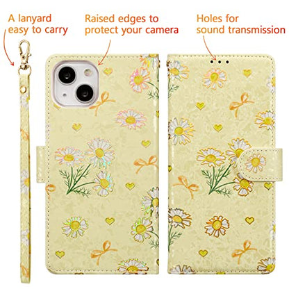 UEEBAI Wallet Case for iPhone 15, PU Leather Phone Cover Kickstand RFID Blocking Flip Case Card Slots Wrist Strap Relief Engraved Pattern Magnetic Closure Flower Folio Wallet, Yellow Daisy - color: Yellow Daisy, size: iPhone 15
