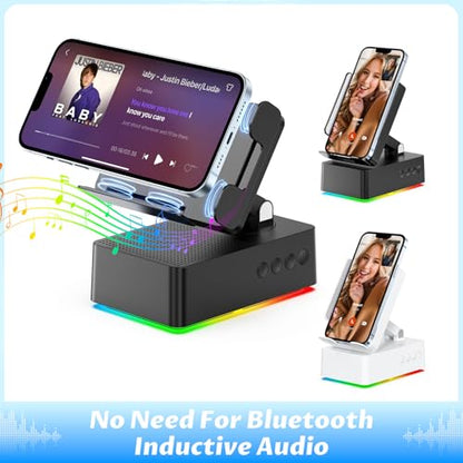 Wireless Induction Bluetooth Speaker, 5-in-1 Foldable Phone Holder, 1500mAh Emergency Charging, Colorful LED Ambient Light, Tech Gadgets Gifts for Men Women, for iPhone Android Tablet, Black - color: Black