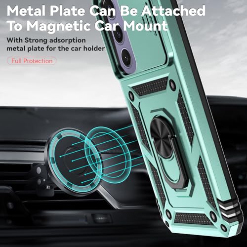 for Samsung Galaxy S24 FE Case with Camera Lens Cover HD Screen Protector, Dual Layer Military-Grade Drop Tested Magnetic Ring Holder Kickstand Protective Phone Case for Galaxy S24 FE (Dark Green) - color: Dark Green w/ camera cover Military-Grade 2nd gen