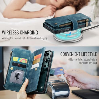 Compatible with iPhone 17 Wallet Case with Card Holder Kickstand Magnetic Zipper Pocket Lanyard Strap Wristlet,Leather Flip Case Wallet for iPhone 17 6.3 Inch (Blue) - color: Blue, size: iPhone 17 6.3 Inch