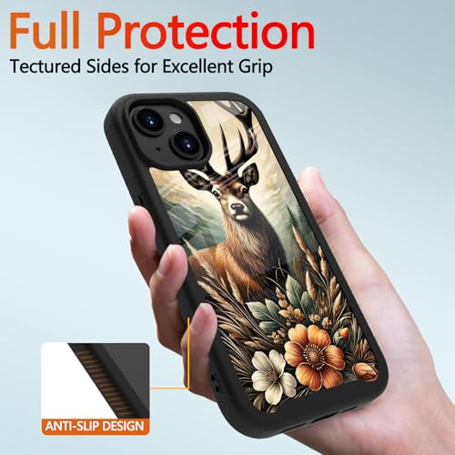 Compatible with iPhone 14 / iPhone 13 Case – Rugged Full-Body Protective Cover for Women Men Dual Layer Shockproof Bumper, Heavy-Duty Phone Case - Deer Flower Mountain 096 - color: Deer Flower Mountain 096
