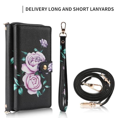 LITOU Compatible for Samsung Galaxy S26 Plus Crossbody Wallet Phone Case - color: BlackFlower, size: S26 Plus