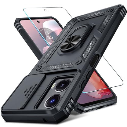 Janmitta Compatible with Moto G Power 5G 2024 Case Built in Slide Camera Lens Cover+Screen Protector+Finger Ring Holder Kickstand,Heavy Duty Shockproof Full Body Protective Phone Cover,Black - color: Black, size: Moto G Power 5G(2024)