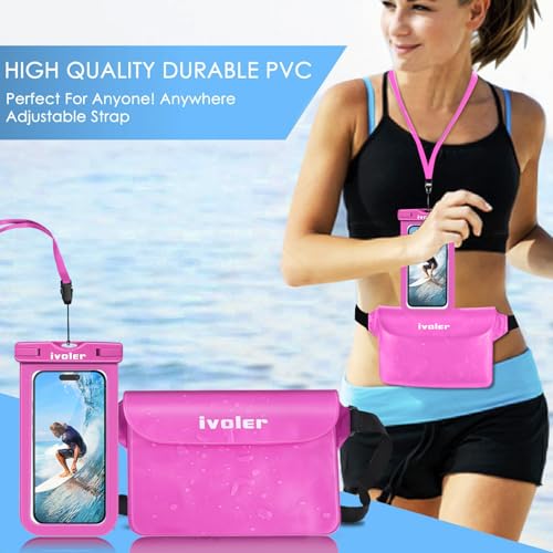 ivoler 2-Pack Waterproof Fanny Pack & Phone Pouch, Dry Bag for Passport, Phone & Wallet, Floating Waterproof Phone Case for Beach, Swimming, Kayaking, Boating, Cruise Essentials & Travel Pink | Swimming & Travel, Long Adjustable Waist Strap, IPX8 Dry Case