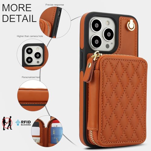 Phone Case for iPhone 14 Pro 6.1 inch Wallet Cell Cover with Tempered Glass Screen Protector Wrist Crossbody Strap RFID Blocking Card Holder iPhone14Pro 5G i i-Phone i14 iPhone14 4 14Pro Women Brown - color: Brown