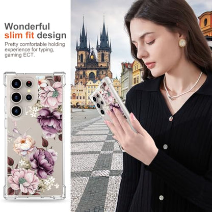 Hungo Galaxy S24 Ultra Case for Women Floral Flower Clear Design Cute,Girly Girls Flower Case Compatible with Samsung Galaxy S24 Ultra Pink Rose - color: Purple Roses