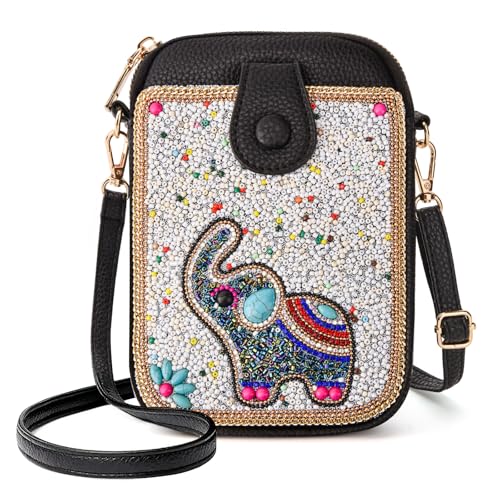Women's Small Crossbody Cell Phone Bag, Boho Colorful Beaded Purse Wallet with Handmade Cute Patterns - color: Elephant-white