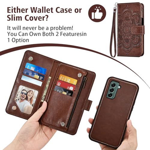 Asuwish Phone Case for Samsung Galaxy S22 5G Zipper Wallet Detachable Cell Cover with Tempered Glass Screen Protector Crossbody Lanyard Strap Flower Card Holder S 22 22S 4G G5 6.1 inch Women Brown - color: Brown