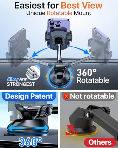 YRU【True Military-Grade Safety & Patent Certs】360°Rotation Car Phone Holder【100+LBS Strong Suction & Clip】Windshield Dash Vent Cell Phone Mount Cradle for iPhone17 16 Pro Max Truck Samsung,Matte Black - color: Matte Black