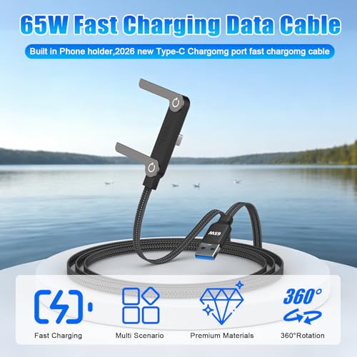 65W USB A to USB C Cable with Foldable Stand,5FT Sideways Invisible Charging Cord,90 Degree Right Angle Braided Gaming Fast Charger Cable Compatible with iPhone 17 16 15 ,MacBook,iPad,Galaxy S26 S25