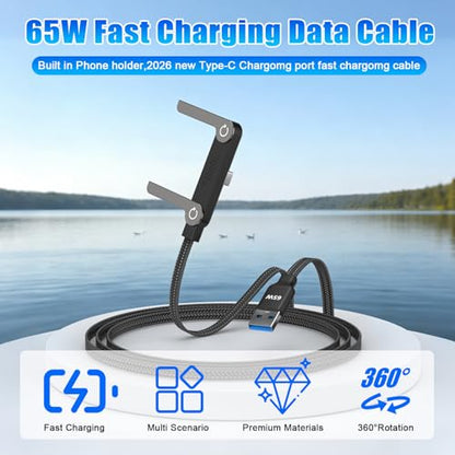 65W USB A to USB C Cable with Foldable Stand,5FT Sideways Invisible Charging Cord,90 Degree Right Angle Braided Gaming Fast Charger Cable Compatible with iPhone 17 16 15 ,MacBook,iPad,Galaxy S26 S25