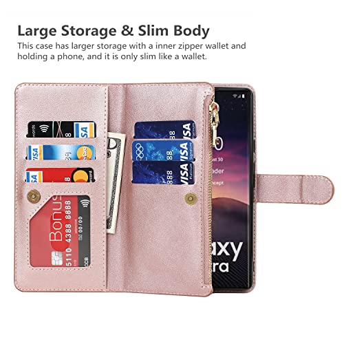 iCoverCase for Samsung Galaxy S23 Ultra Wallet Case with Card Holder, Kickstand Feature PU Leather Case with Adjustable Crossbody Lanyard Magnetic Clasp Zipper Pocket Flip Cover (Rose Gold) - color: Rose Gold, size: Galaxy S23 Ultra