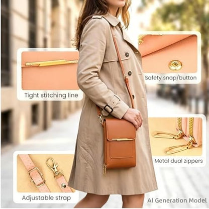 Women's Touch Screen Mobile Phone Messenger Bag,Anti-Theft Mobile Leather Bag,Leather Waterproof Crossbody Wallet Purse - color: Dark Pink