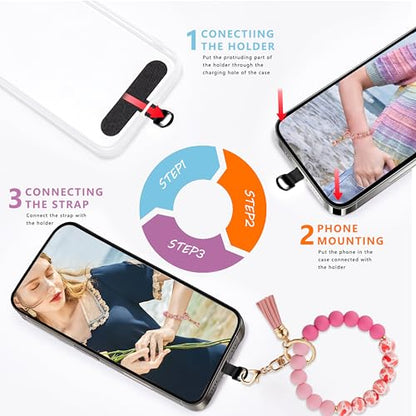 Silicone Beaded Phone Wrist Strap for Women, BPA-Free Silicone - color: Pink Heart