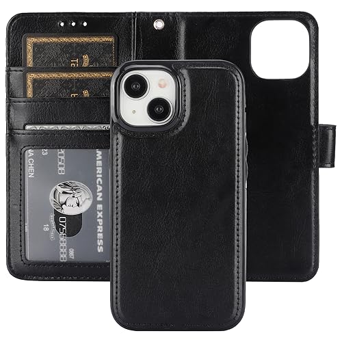 Bocasal Detachable Wallet Case Card Holder for iPhone 15, Black | RFID Blocking Kickstand Card Slots Holder PU Leather Magnetic Shockproof Wrist Strap Removable Flip Protective Cover 6.1 inch - color: Black