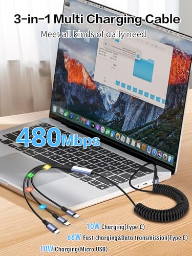 YACSEJAO 66W 90 Degree USB C Retractable Spring Splitter Cable - style: 2 Type C+Mirco USB