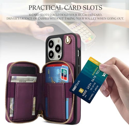 Phone Case for iPhone 14 Pro 6.1 inch Wallet Cell Cover with Tempered Glass Screen Protector Wrist Strap RFID Blocking Card Holder iPhone14Pro 5G i i-Phone i14 iPhone14 4 14Pro Women Girls Dark Purple - color: Dark Purple