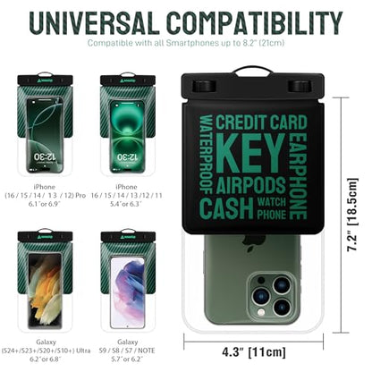 Universal Waterproof Phone Pouch [Double Space] IPX8 Dry Bag with Lanyard for iPhone 16 15 14 13 12 Pro Max XS XR X Galaxy S25 S24 S23 Ultra, Fit All Phones Up to 8'', Black/Green - color: Black/Green