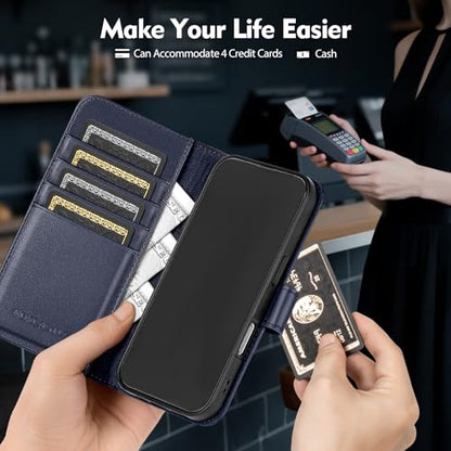 Compatible with iPhone 16 Genuine Leather Case Wallet with Card Holder,Women Men Real Leather Flip Folio RFID Blocking Credit Card Slots Kickstand Phone Cover,for Apple 16 6.1",Dark Blue - color: Dark Blue, size: iPhone 16 - 6.1"